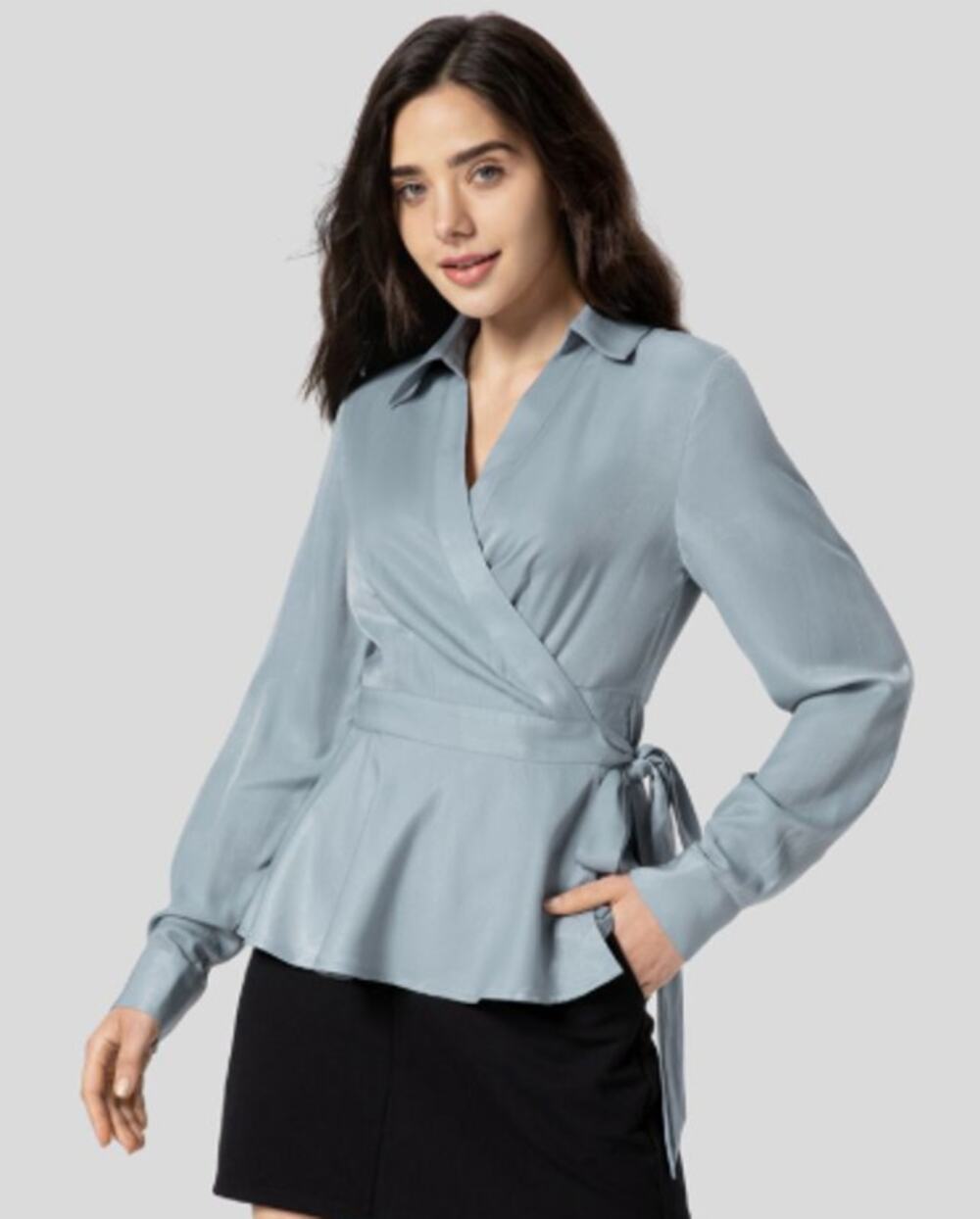 HALARA Blue Satin Collared Wrapped Tie Side Long Sleeve Ruffle Hem Casual‎ Shirt